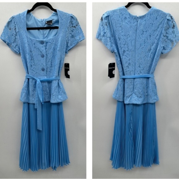MAISON TARA Lace pleated chiffon midi woman’s cottagecore blue dress. NWT 6 - Picture 2 of 13